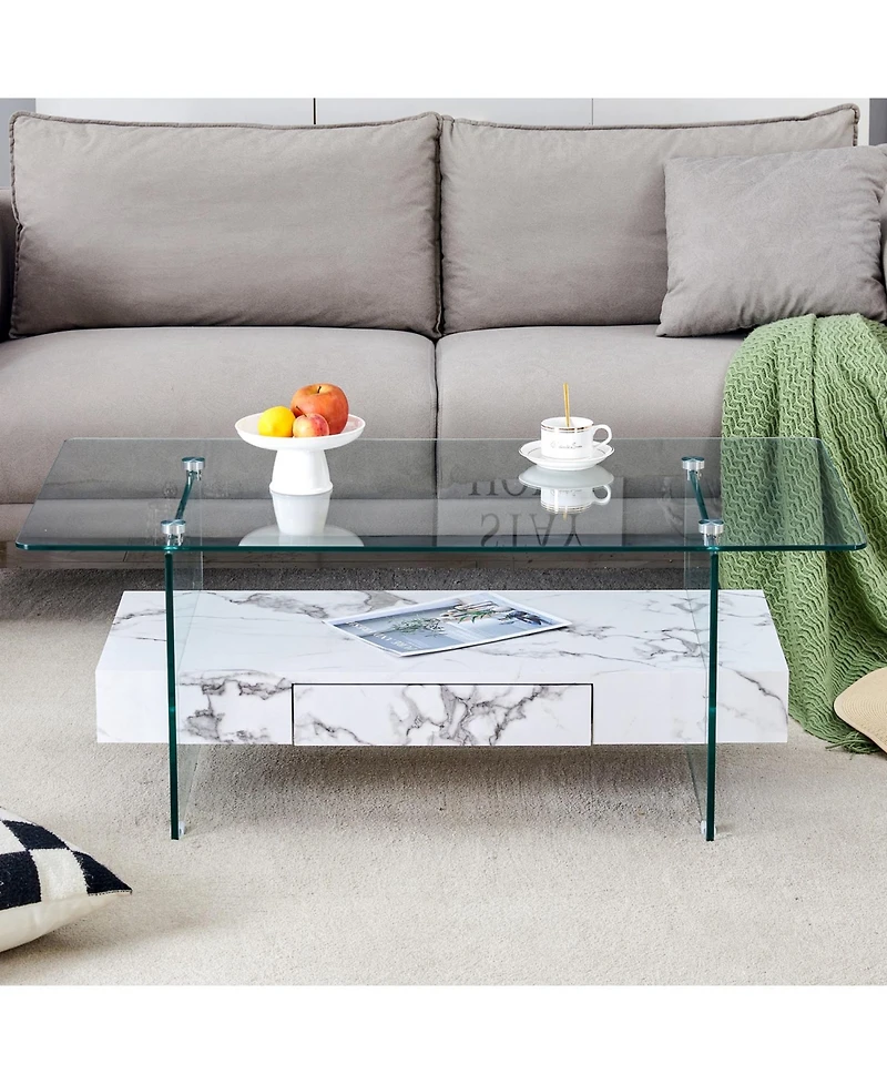 Streamdale 43" Modern Two-Tier Coffee Table Clear Glass, White Marble Texture