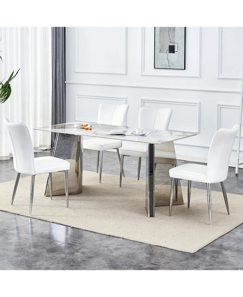 Pandora Patterned Sintered Stone Table with Stainless Steel Legs and 4 Pu Chairs