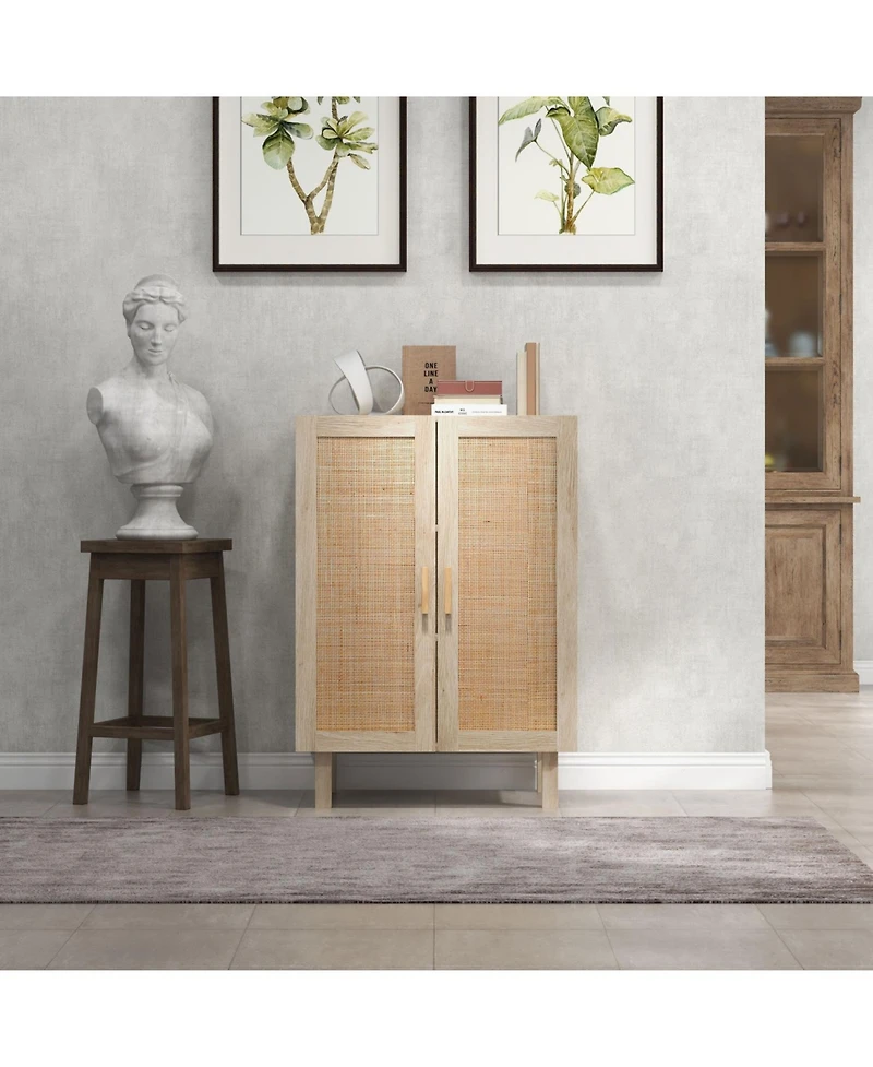 Sideboard Buffet Cabinet, Kitchen Cabinet, Coffee Bar Cabinet with 2 Rattan Doors and Adjustable Shelves, Natural