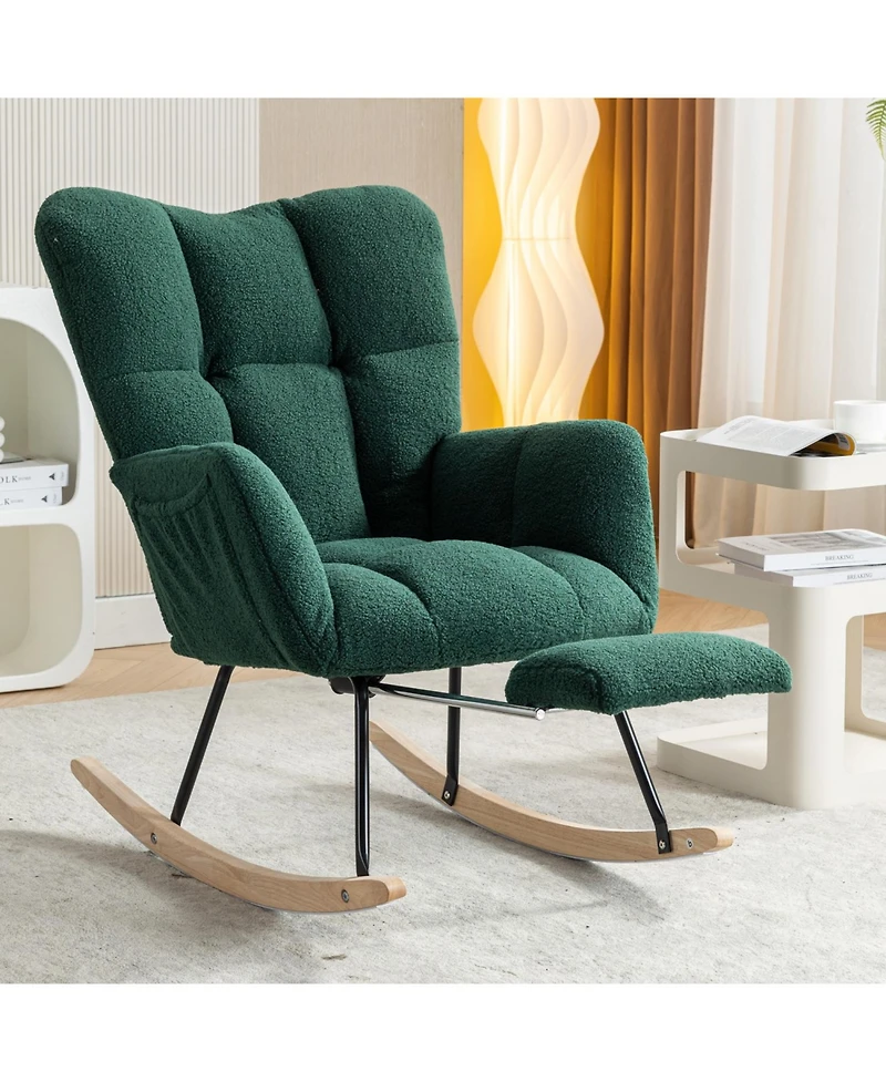 Streamdale Furnitur Teddy Fabric Rocking Chair With Adjustable Footrest,Green