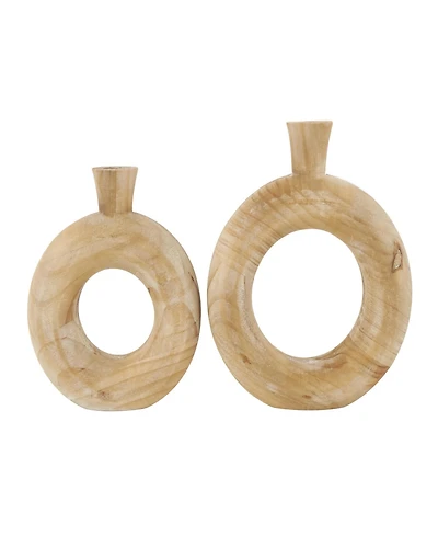 Rosemary Lane 9" Wood Circular Decorative Vase with Cutout Center, Set of 2