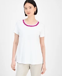 Jm Collection Women's Cotton Beaded-Neck T-Shirt, Exclusively at Macy's