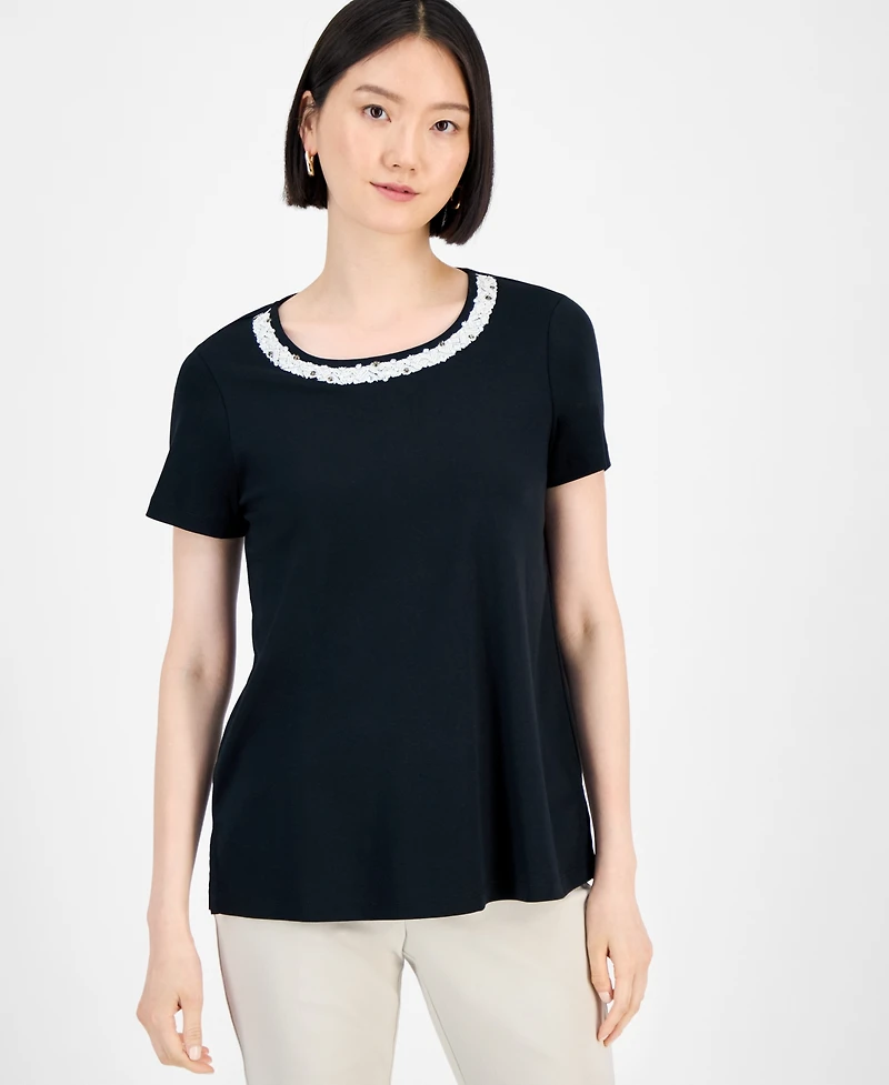 Jm Collection Women's Cotton Beaded-Neck T-Shirt, Exclusively at Macy's