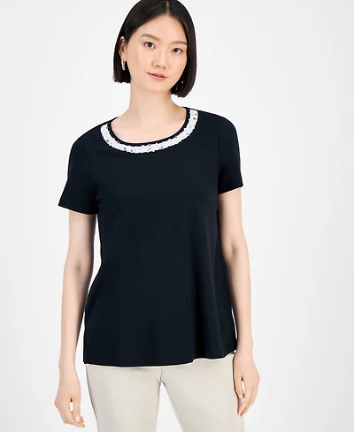 Jm Collection Women's Cotton Beaded-Neck T-Shirt, Exclusively at Macy's