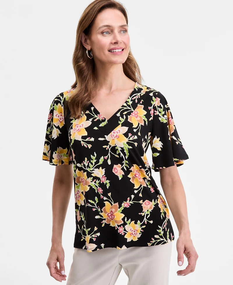 Jm Collection Women's Printed V-Neck Short Sleeve Knit Top, Exclusively at Macy's