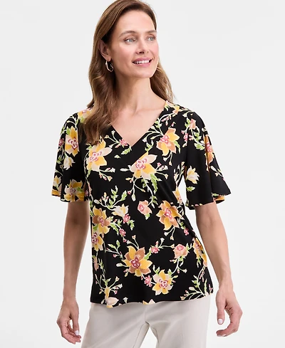 Jm Collection Women's Printed V-Neck Short Sleeve Knit Top, Exclusively at Macy's