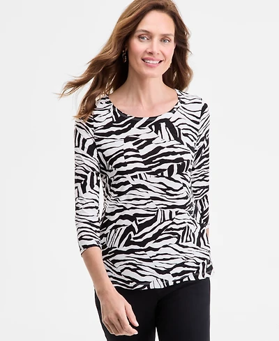 Jm Collection Women's Printed 3/4 Sleeve Scoop-Neck Jacquard Top, Exclusively at Macy's