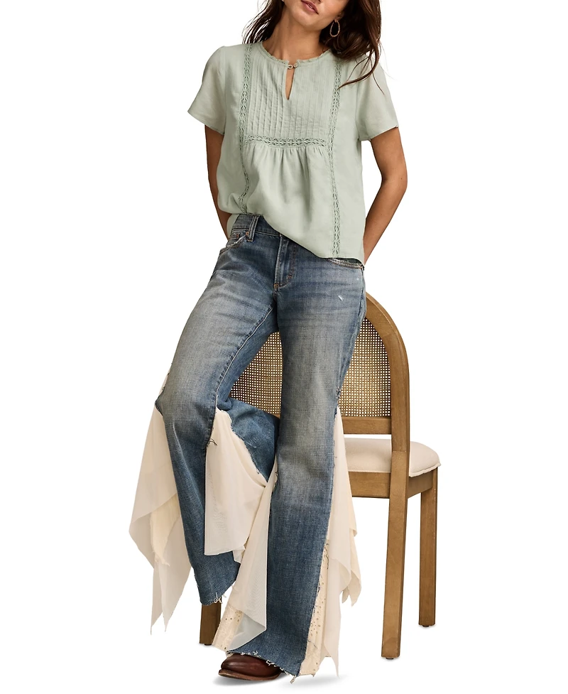 Lucky Brand Women's Cotton Pleated Split-Neck Peasant Top