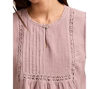 Lucky Brand Women's Cotton Pleated Split-Neck Peasant Top