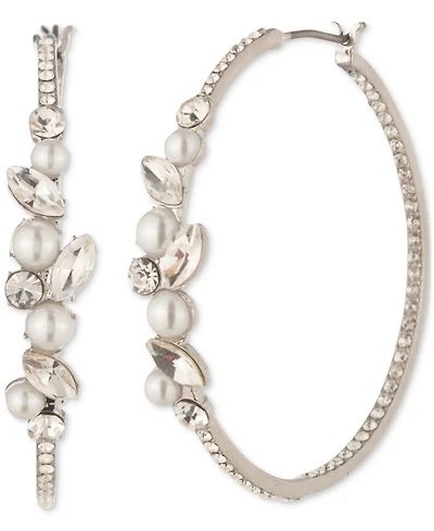Givenchy Silver-Tone Medium Crystal & Imitation Pearl Hoop Earrings, 1.57"