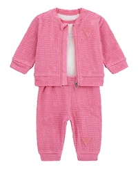 Guess Baby Girls 3-Piece Long Sleeve Bodysuit, Jacquard Zip-Up Sweatshirt, and Pants Set