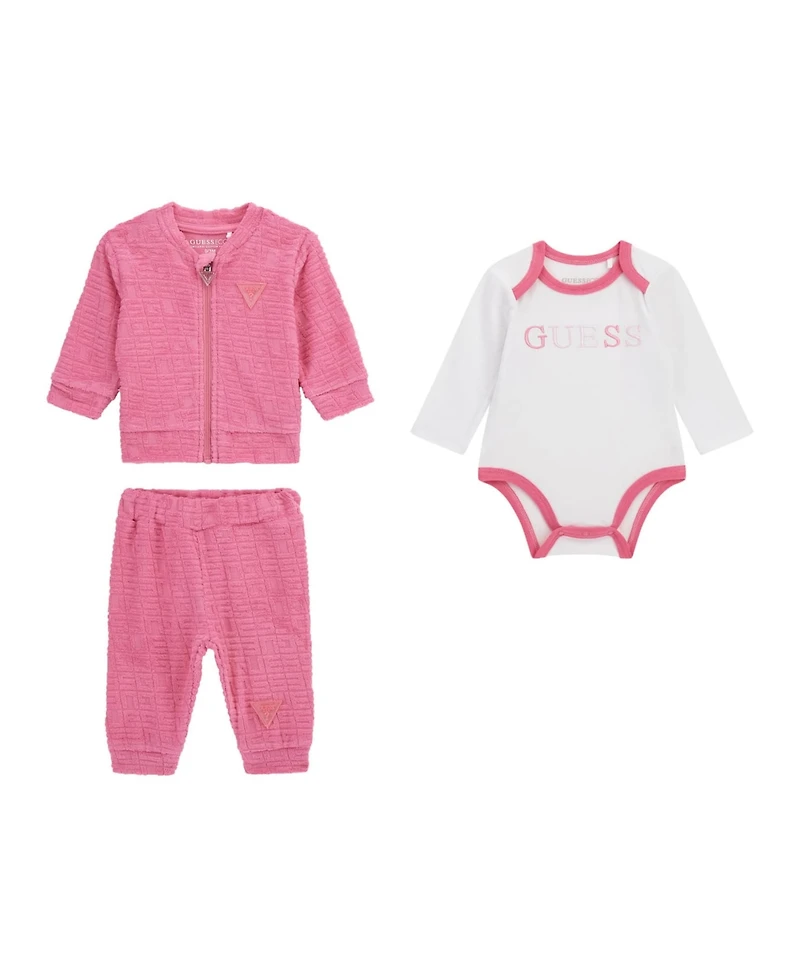 Guess Baby Girls 3-Piece Long Sleeve Bodysuit, Jacquard Zip-Up Sweatshirt, and Pants Set