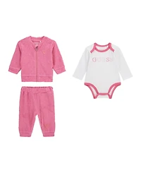 Guess Baby Girls 3-Piece Long Sleeve Bodysuit, Jacquard Zip-Up Sweatshirt, and Pants Set