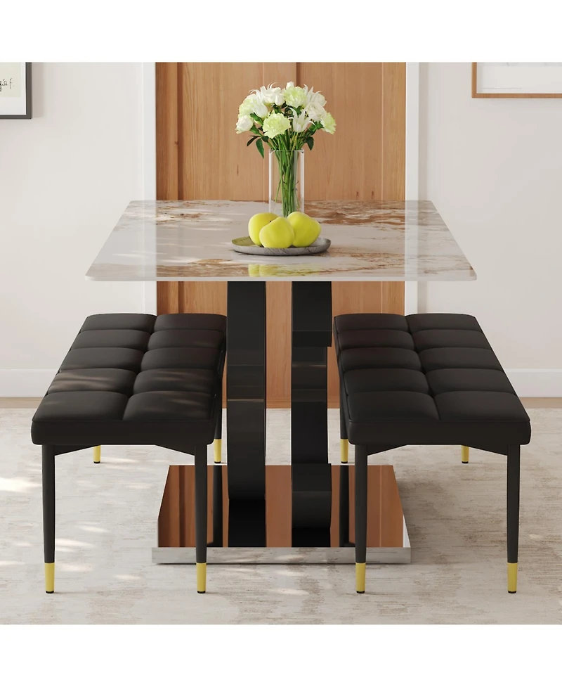Streamdale Pandora Stone Dining Table Set with Benches Modern Luxury for Your Home