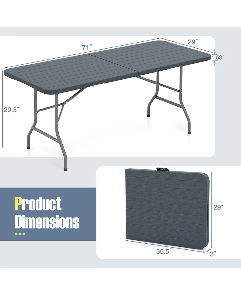 6 Feet Folding Table with Wood Grain Hdpe Tabletop and Safe Lock Mechanism