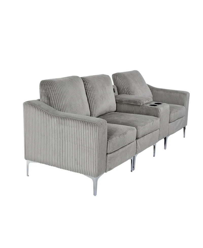 Convertible Sectional Corduroy Sofa with Cupholders, Usb,Three-seater,Gray