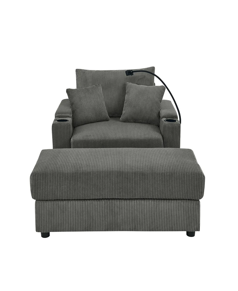 Streamdale Modern Storage Sofa with Ottoman Grey Corduroy Sofa with Device Chargers