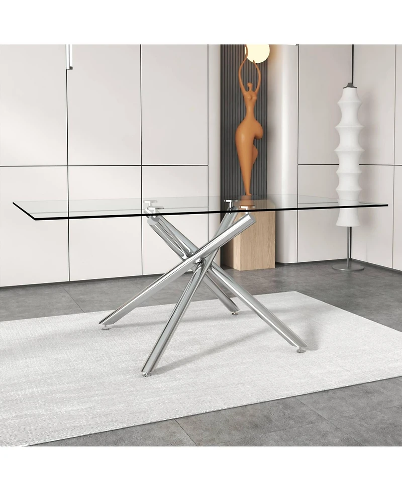 Streamdale Modern Glass Dining Table, Silver Legs, Seats 4-8