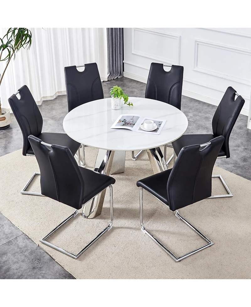 Streamdale Stylish 42" Round Table & 6 Black Dining Chairs with Metal Legs