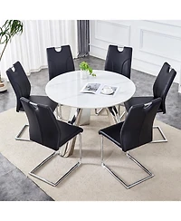 Streamdale Stylish 42" Round Table & 6 Black Dining Chairs with Metal Legs