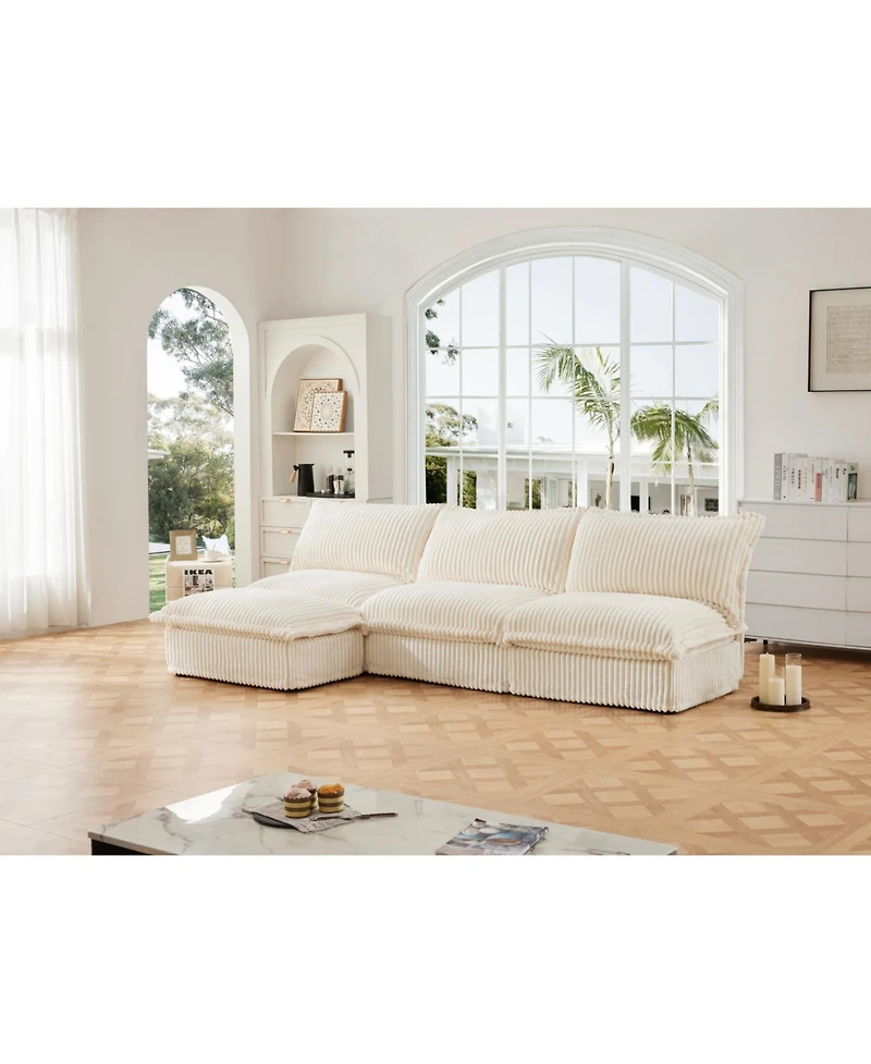 Cream Corduroy Modular Armless Sectional Sofa with Reversible Ottoman