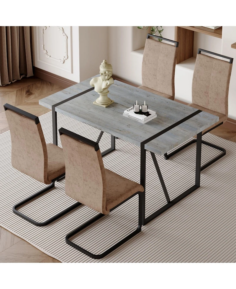 Streamdale Modern Grey Marble Table with Metal Frame and 4 Arched Brown Fabric Chairs