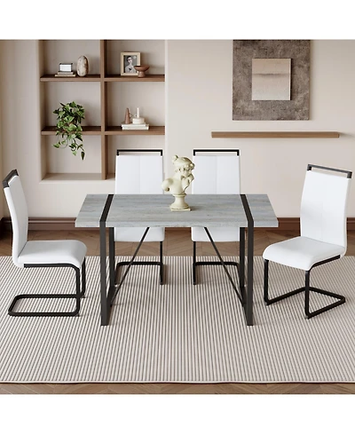 Streamdale Modern Marble Texture Dining Set Grey Mdf Table with 4 Pu Chairs