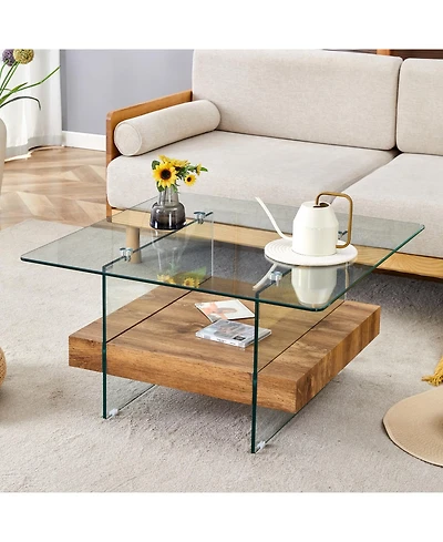Streamdale Modern Square Coffee Table Glass and Wood Combo