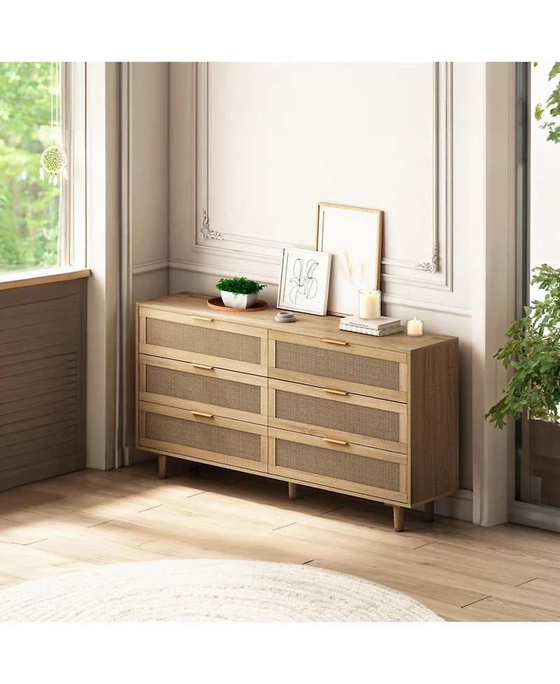 51.18" 6-Drawers Rattan Storage Cabinet Rattan Drawer, for Bedroom, Living Room, Natural (Same Sku:W75784346)