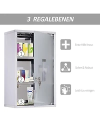 Wall Mounted Medicine Cabinet, Locking Wall Cabinet with 3 Tier Shelves, Stainless Steel Frame and Glass Door, Lockable with 2 Keys, Silver, 12"