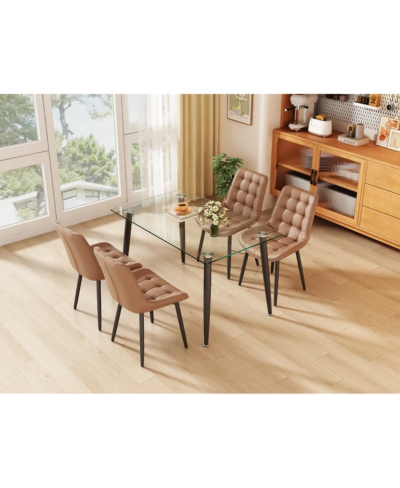 Streamdale Modern Glass Table and Pu Leather Dining Set with 4 Chairs (Brown Pu Chairs and Glass Table with Black Legs)