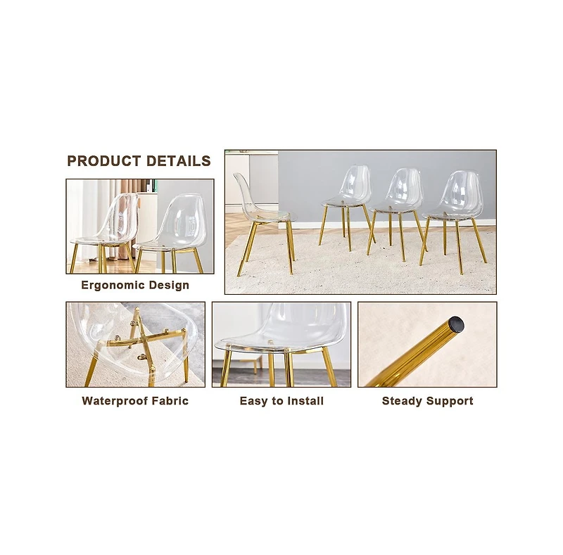 Streamdale Contemporary Wood Table and Chair Set Textured Mdf Table with Tempered Glass Legs and 4 Acrylic Chairs on Gold Bases