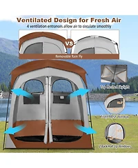2 Rooms Oversize Privacy Shower Tent with Removable Rain Fly and Inside Pocket-Brown