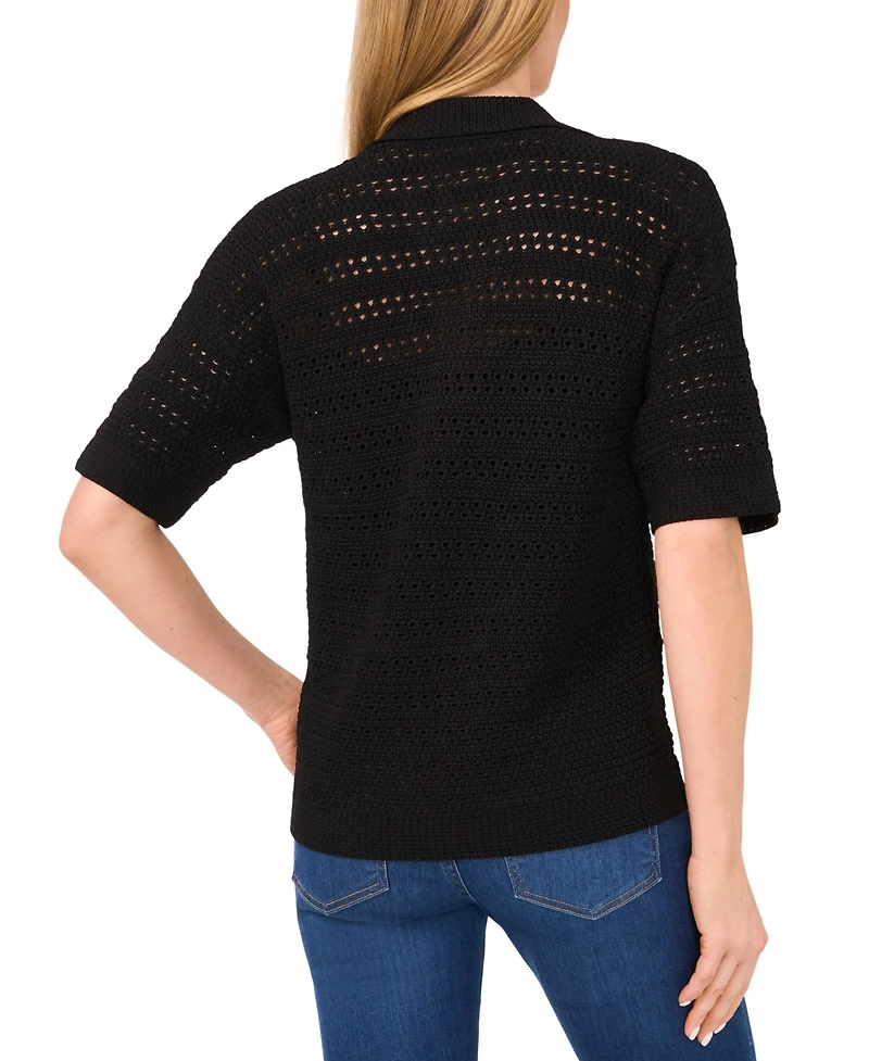 CeCe Women's Open-Knit Short-Sleeve Polo Sweater