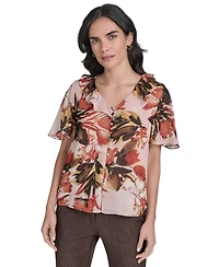 Calvin Klein Women's Printed Ruffle-Neck Button-Front Blouse