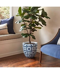 LuxenHome Blue and White Flower Pattern Round Tapered -Inch Tall Mgo Planter