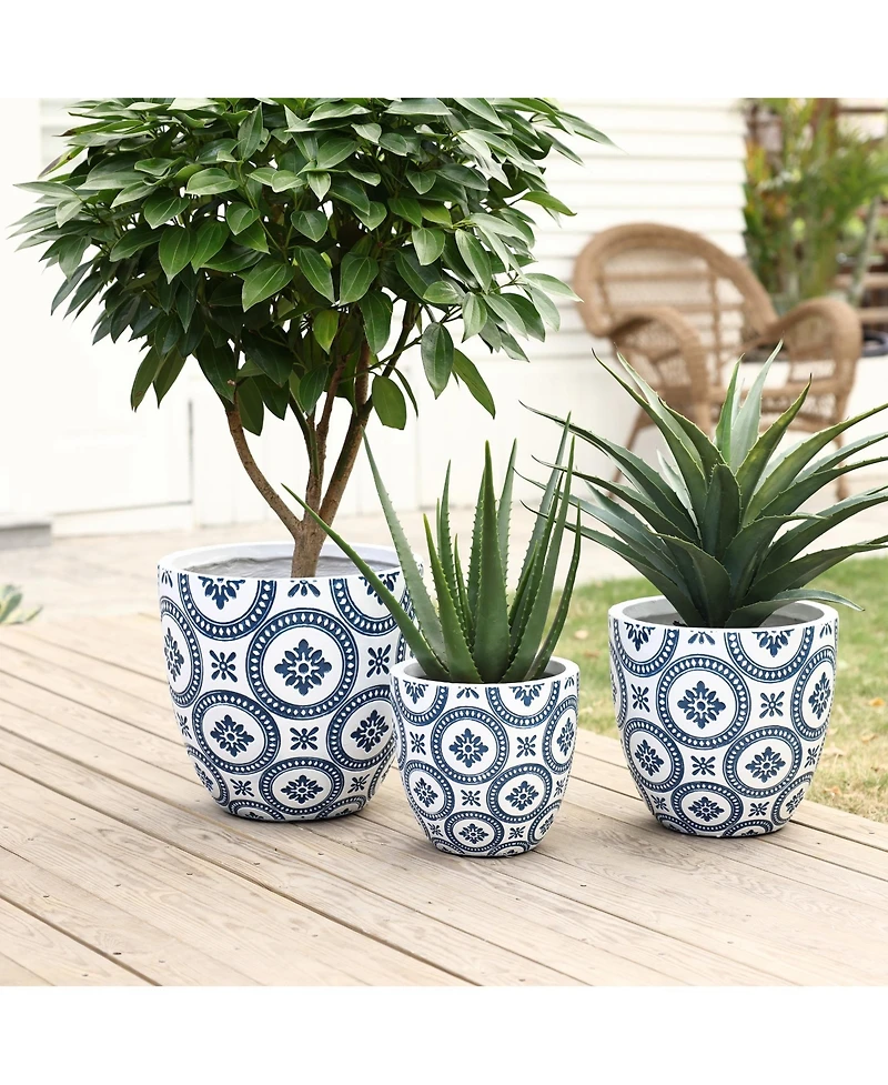 LuxenHome Blue and White Flower Pattern Round Tapered -Inch Tall Mgo Planter