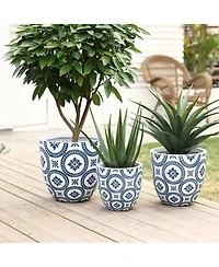 LuxenHome Blue and White Flower Pattern Round Tapered -Inch Tall Mgo Planter