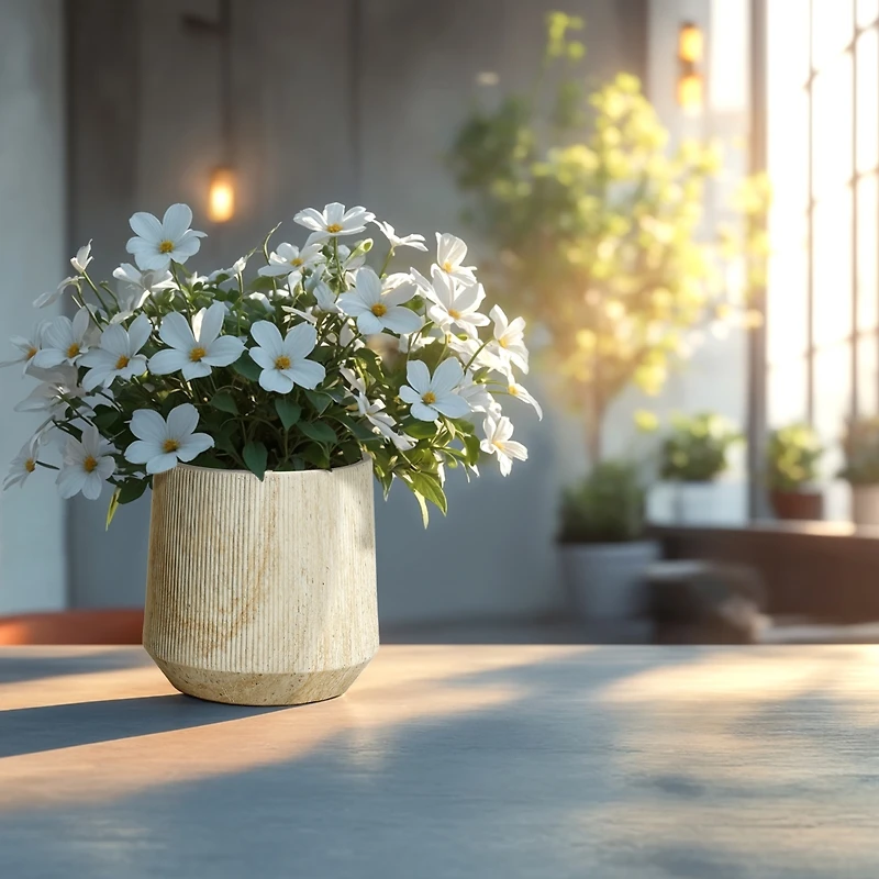 LuxenHome 2-Piece Marble Off-White Ribbed Texture MgO Planter Set, Indoor and Outdoor