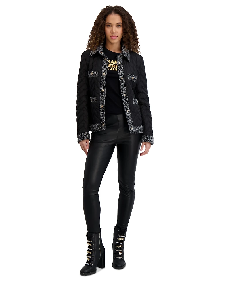 Karl Lagerfeld Paris Women's Quilted Tweed-Trim Coat