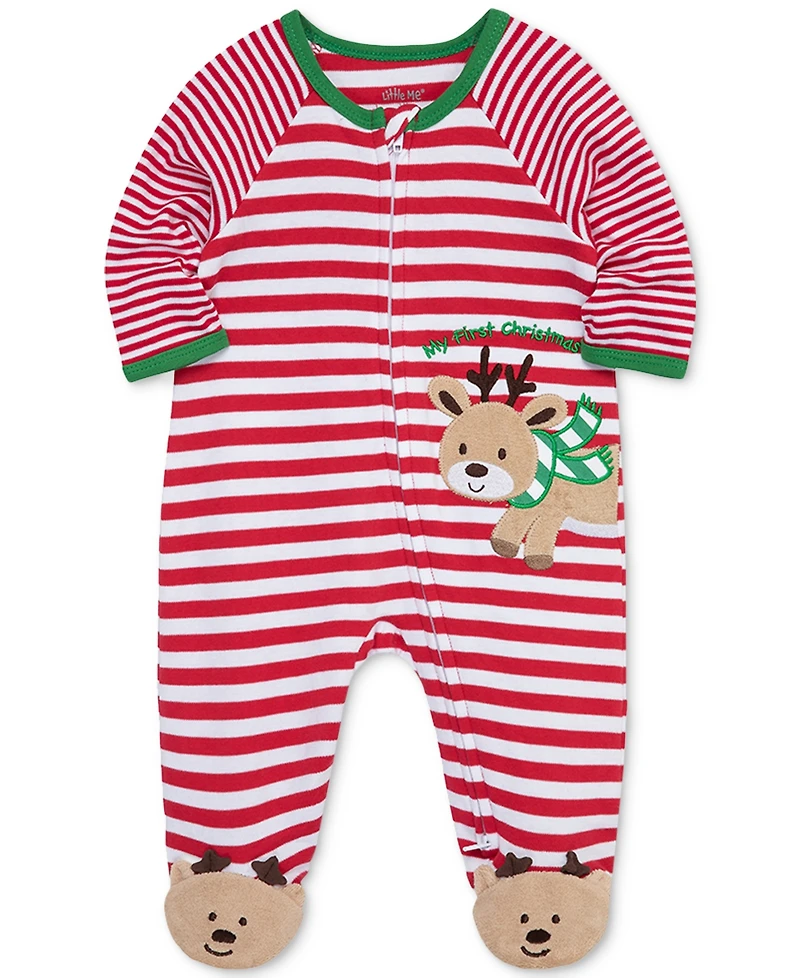 Little Me Baby My 1st Christmas Reindeer Cotton Striped Footed Coverall