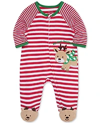 Little Me Baby My 1st Christmas Reindeer Cotton Striped Footed Coverall