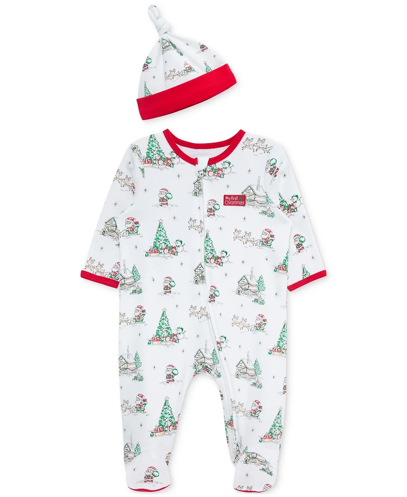 Little Me Baby Cotton Holiday Scene Footed Coverall & Hat