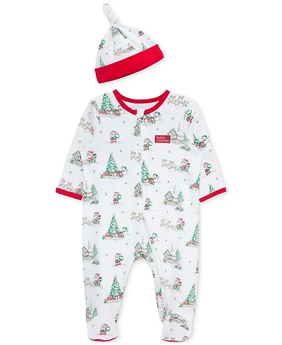 Little Me Baby Cotton Holiday Scene Footed Coverall & Hat
