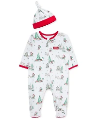 Little Me Baby Cotton Holiday Scene Footed Coverall & Hat