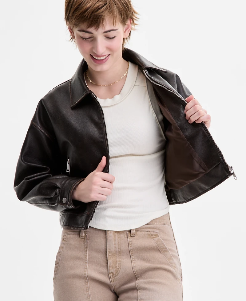 Sebby Women's Faux-Leather Vintage-Wash Bomber Jacket