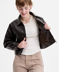 Sebby Women's Faux-Leather Vintage-Wash Bomber Jacket