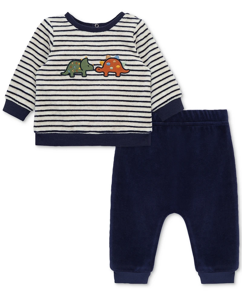 Little Me Baby Boys Dino Striped Velour Top & Pants, 2 Piece Set