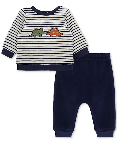 Little Me Baby Boys Dino Striped Velour Top & Pants, 2 Piece Set