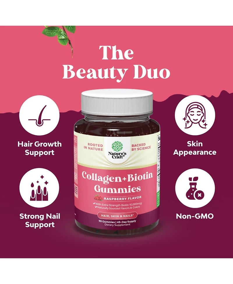 Collagen + Biotin Gummies | Extra Strength Biotin Collagen Supplement | for Hair, Skin, & Nails for Women | Raspberry Flavor | 90ct
